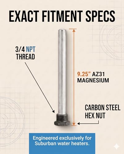 Image of ONENESS 369 RV Water Heater Anode Rod 2-Pack, Black Nut 9.25 inchx3 /4 inch NPT | City water? Choose Black Nut. If it wears >50% in year 1, we exchange it. Fits Suburban 9.25 inchx3 /4 inch NPT heaters.