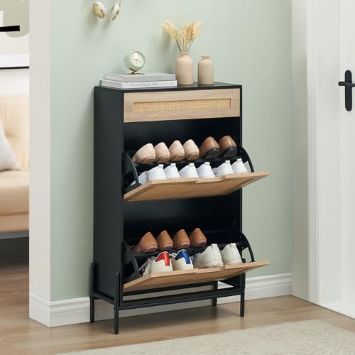 GarveeHome Shoe Cabinet with 2 Folding Compartments and 1 Drawer, Cabinet with Adjustable Shelves, Wardrobe with Rattan Front and Metal Legs, for Hallway and Living Room, 61 x 24 x 102 cm - Image 3