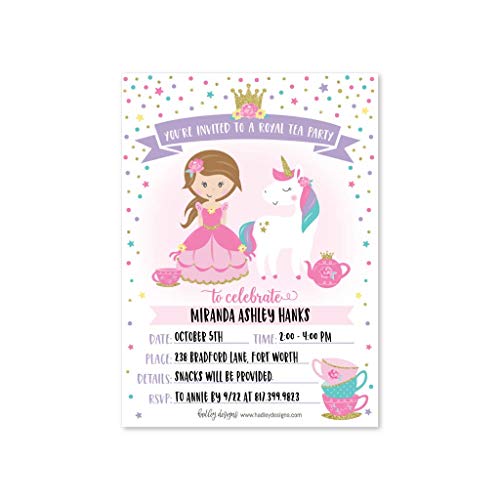 25 Unicorn Tea Party Invitation, Princess Royal Queen Crown Little Girl Birthday Invite, Kid Magical Teacup Themed Bday Supply Idea, Enchanted Tiara Fairytale Sparkle Printed Or Fill In The Blank Card #TOP1