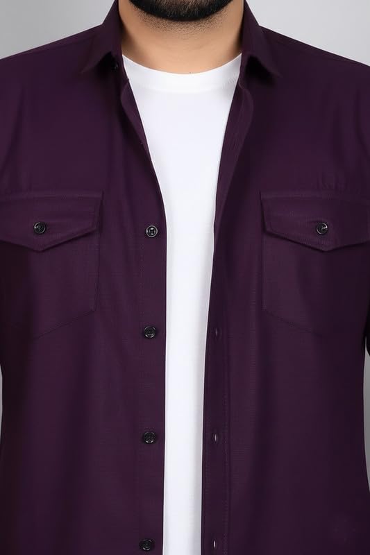 Image of DEELMO Men Solid Slim Fit Casual Overshirt Style Shirt | Full Sleeve Button-Down Layering Shirt Smart Casual Look
