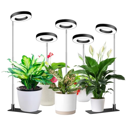 Aokrean Grow Lights for Indoor Plants Full Spectrum Plant Lights for Indoor Growing Height Adjustable Halo Grow Light with Base 3 Optional Spectrums Auto Timer 3/9/12Hrs 10 Brightness 5 Pack