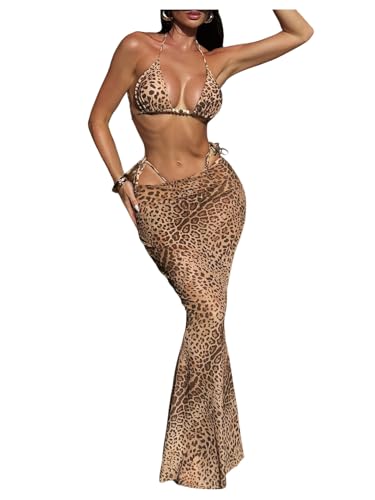 SHENHE Women's Leopard Print Swimsuits 3 Piece Triangle Halter String Bikini Set with Cover Up