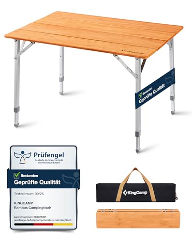 KingCamp Campingtisch Bambus Klapptisch höhenverstellbar für 2-4 Personen Campingtisch klappbar 4 Falten mit Tragetasche belastbar bis 80 kg,65 x 50...