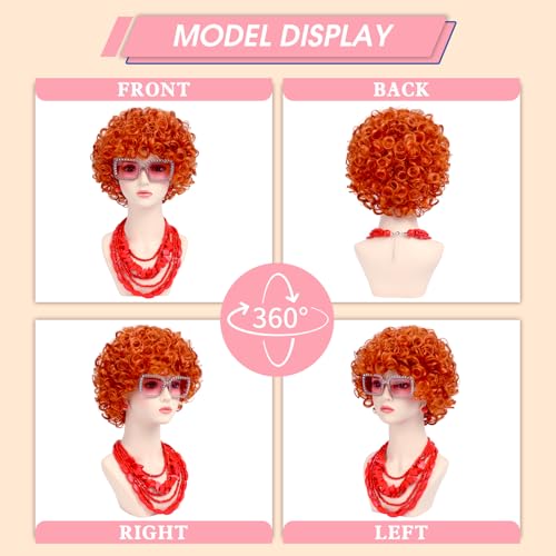 Image of Women Roper Curly Orange Red Cosplay Wig with Necklace Earrings and Sunglasses for Women Hallween Costume Wig