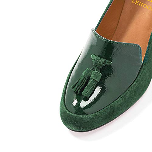 LEHOOR Women Chunky Block High Heel Fringed Pumps Round Toe, Slip On Dress Loafers with Tassel Suede Patent Leather Patchwork for Ladies Girls Office 4-15 M US4