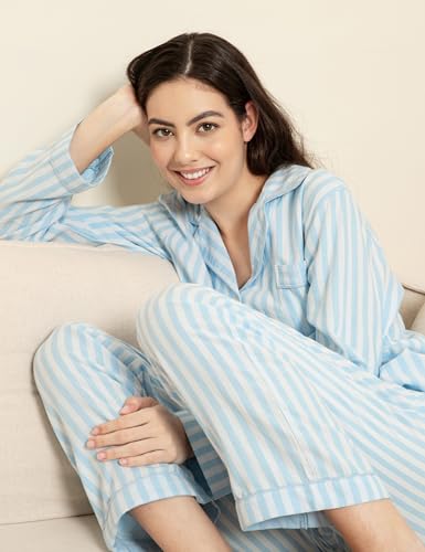 Image of Womens Muslin Pajama Set 100% Cotton Double Gauze Linen Like | Breathable Soft Comfort Button Up Loungewear Sleepwear PJ Set