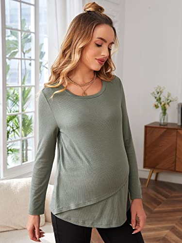 Makemechic Women's Maternity Long Sleeve Solid Crewneck Nursing Fall Top Tee Shirt Green Xl #TOP4