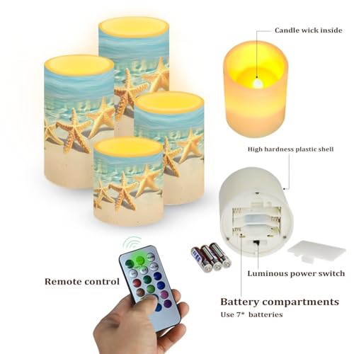 Image of Battery Operated Tea Lights Candles with Timer, Flickering Flameless LED Pillar Color Changing Candles with Remote for Beach Coastal Decor Beach Starfish Blue, Set of 4
