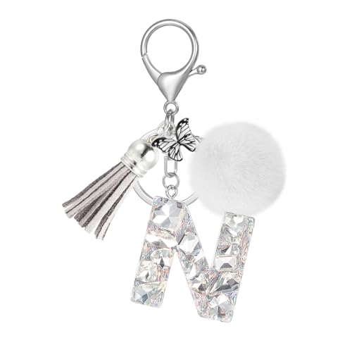 JSRQT Bling Initial Letter N Keychains, Sparkly Rhinestone Resin Alphabet Letter Car Keyrings for Women, Butterfly Tassel Poms Pendants Fashion Keychain Bag Charm for Purse Backpack Handbag