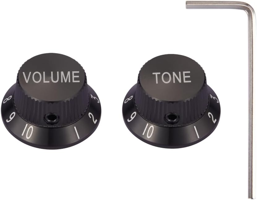 KAISH Premium Metal 1/4" Universal Guitar Potentiometer Knobs Aluminium Volume Tone Top Hat Bell Knobs with Set Screw for Strat/Ibanez/Yamaha/Les Paul 1*Volume 1*Tone Black