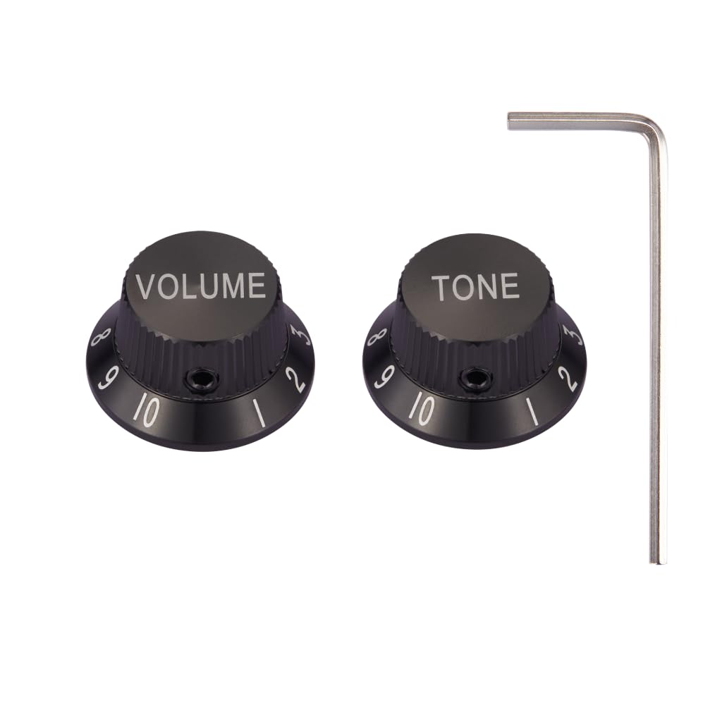 KAISH Premium Metal 1/4" Universal Guitar Potentiometer Knobs Aluminium Volume Tone Top Hat Bell Knobs with Set Screw for Strat/Ibanez/Yamaha/Les Paul 1*Volume 1*Tone Black