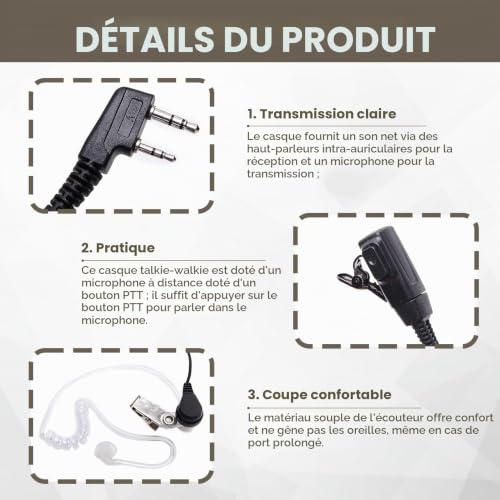 Oreillette Talkie Walkie, 4 Pièces Oreillette Compatible avec BAOFENG, Oreillette Talkie Walkie pour BAOFENG, Oreillette Radio Bidirectionnelle Kenwood, UV5R 888S RT24 RT27 HESENATE HT999-150CM – vue 3