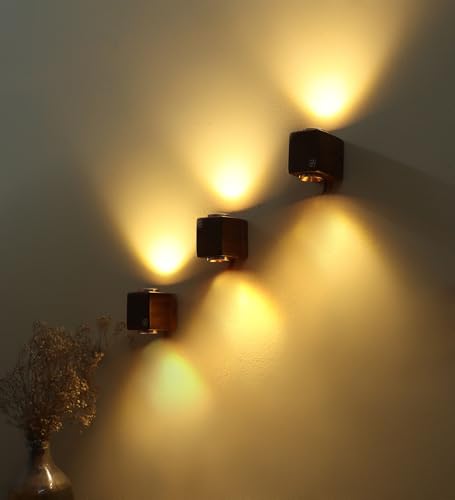 Image of Green House Handmade Sheesham Wood Wall Light Lamp | 2 Way Light - UP /Down | 3W+3W Warm White LED | Modern Wooden Wall Sconce for Living Room, Bedroom, Staircase, Hallway Decor | Square - Pack of 1