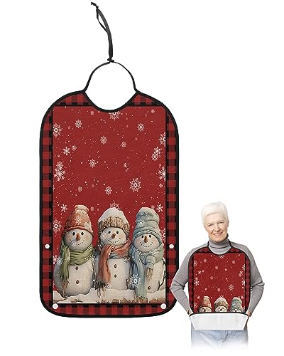 Adult Bibs for Elderly Women - Christmas Waterproof Dining Clothing Protectors with Crumb Catcher for Eating/Feeding, Xmas Red Snowman Winter Snowflake Black Plaid Terry Cloth Bib Machine Washable