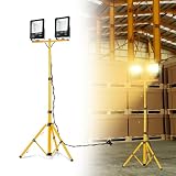 Suusolny 2 faretti LED da 200 W con treppiede telescopico, 16000 lm, lampada da lavoro con spina, IP66, impermeabile, con cavo 3 m, pieghevole, per officina, cantiere, studio fotografico, bianco caldo