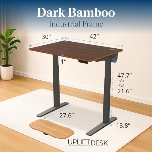 Image of UPLIFT DESK Dark Bamboo (42 x 30 inch) Standing Desk 2-Leg V3 Adjustable Stand Up C-Frame (Indus.), Advanced Keypad, Wire Grommets, Wire Tray, Rocker Board