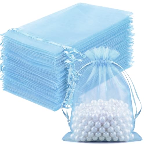 Image of FUNFERY 100Pcs Baby Blue Organza Bags 4x6 in,Small Mesh Drawstring Gift Bag | Little Jewelry Bags for Wedding Party Favors, Mini Drawstring Pouch for Sachet, Candy, Goodie, Treat Bag for Easter Day