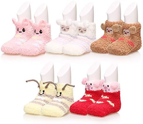 Baby Boy Girls Soft Fuzzy Slipper Socks Non-Slip Cozy Winter Fluffy Warm Kids Toddler Socks 5 Pairs (Color B, 3-5 Years)