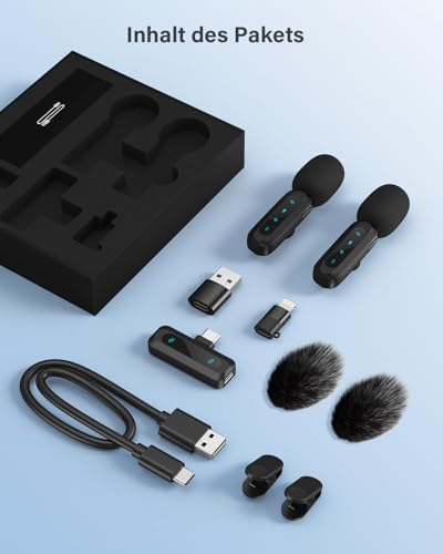 Kabelloses Lavalier-Mikrofon für iPhone, iPad, Android-Handy, 2er-Pack Mini-Mikrofon mit Rauschunterdrückung, Auto-Pairing und Stummschaltung und Reverb für Vlogging, Videoaufnahmen, TikTok, YouTube