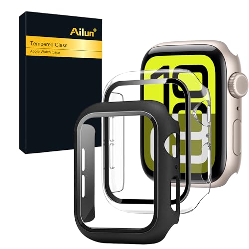 Image of Ailun for Apple Watch SE 3 /SE 2023 /Series 6 /5 /4 /SE Screen Protector[44mm], Ultra-Thin Hard PC Case Built in Tempered Glass for iWatch, Shockproof Cover with Button [2 Pack][Black+Clear]