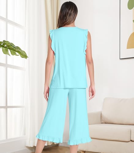 Image of NACHILA Bamboo Viscose Pajamas for Women Pleated Ruffle Tank Top Pjs Set