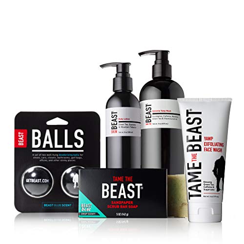 Best of Beast Skin Care Products Set - All-in-1 Hair & Body Wash, Hand & Body Lotion, Yawp Exfoliating Face Wash, Deodorizing Shoe Balls, and Lava Rock or Natural Smooth Bar Soap (Get Rough)