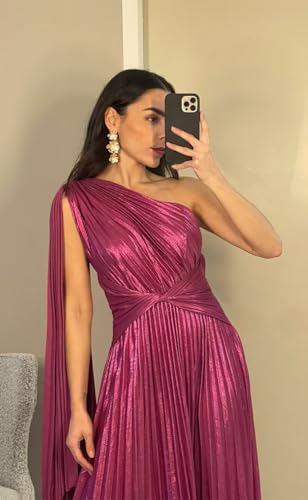 Sparkly Metallic Prom Dresses Pleated A Line One Shoulder Satin Long Formal Party Dress for Women RO1414