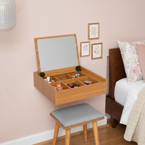 Sleekform Small Vanity Desk Dressing Table with Mirror & Chair - 18x20 Floating Vanity Makeup Table for Small Spaces Wall Mounted Compact Make Up Tables with Flip Up Top Nightstand Bedroom Vanities