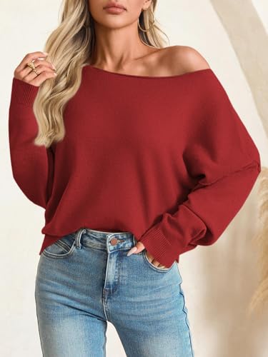 Image of Saodimallsu Womens Off The Shoulder Sweater Boat Neck Batwing Sleeve Knit Pullover 2025 Cute Casual Trendy Jumper Tops