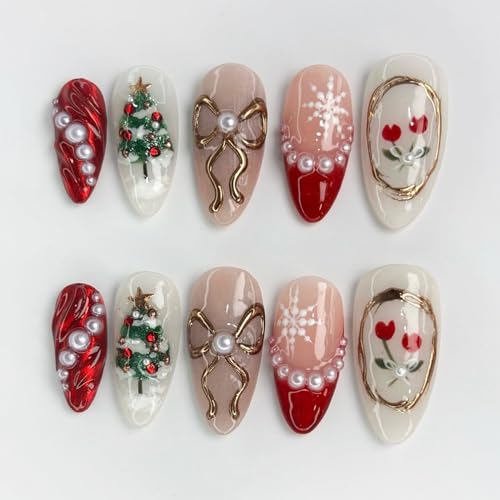 30pcs Christmas Press on Nails Medium Almond Fake Nails with