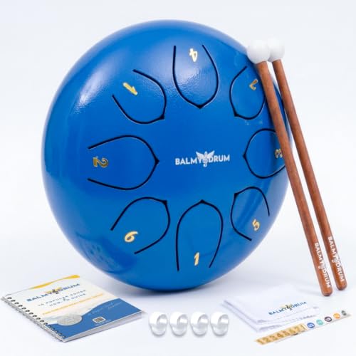 Balmy Drum Steel Tongue Drum 6 inch 8 Notes 440Hz Handpan Drum with Music Book Mallets Carry Bag Finger Picks Rain Drum for Outdoor Meditation Yoga Calming Instruments for Adults Kids (Blue)