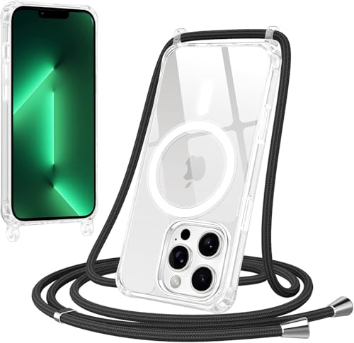 FMPCUON Magnética Funda con Cuerda para iPhone 13 Pro Compatible con MagSafe,Transparente Carcasa Suave Case Antichoque con Correa Colgante Ajustable Collar Correa de Cuello Cordón