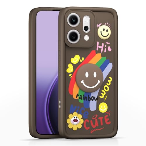 Image of Pikkme Back Cover for Oppo Reno 14 Pro 5G | Soft Silicone| Cute Rainbow Smile & 3D Cartoon Flower Design | Shockproof Raised Camera Protection Bumper Case (Brown)
