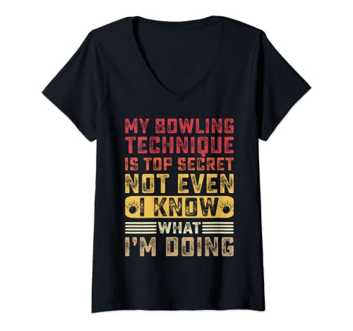 Donna Funny Bowler My Bowling Technique Is Top Secret Humor Retro Maglietta con Collo a V