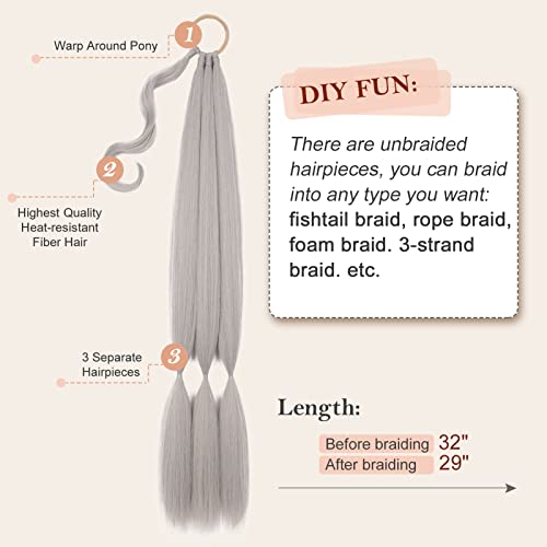 Nannan Long Grey Diy Braided Ponytail Extension With Hair Tie 32 Inches Straight Wrap Around Hair Extensions Natural Soft Synthetic High Temperature Fluffy Hair Piece For Women Daily Wear #TOP1