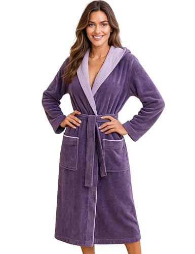 Morgenstern Bademantel Damen mit Kapuze 100% Baumwolle Frottee OEKO-TEX® Morgenmantel Leonie Lila Größe M