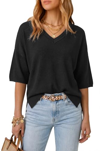 Image of Arach&Cloz Women's Wool Blend Elbow Sleeve Summer Oversized Casual Sweater | Versatile, Fall Layering Soft, Anti-pilling