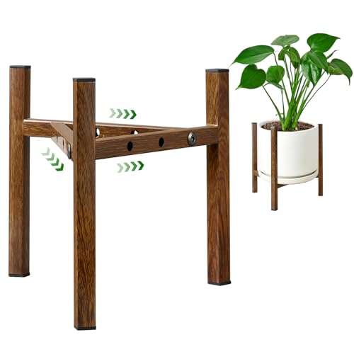 Airpark Adjustable Plant Stand Indoor, Metal Mid Century Modern Plants Stands, Stable Plant Holder Indoor Outdoor Corner, Fit 8 9 10 11 12 inch Pots,Brown Wood-Grain (Pot & Plant Not Included)