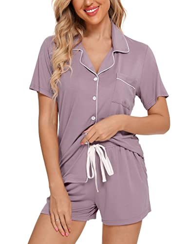 Image of Pjmlifecoco Women's Modal Pajama Set Short Sleeve Button Down Two Piece Soft Sleepwear with Shorts Loungewear S-XXL