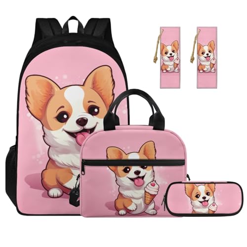 Flashideas Cute Corgi Kids Backpack Set of 4 School Backpack with Lunch Box Pencil Case Portable Lunch Bag and 2Pcs Bookmark Lightweight Casual Daypacks Child Backpacks For School & Travel