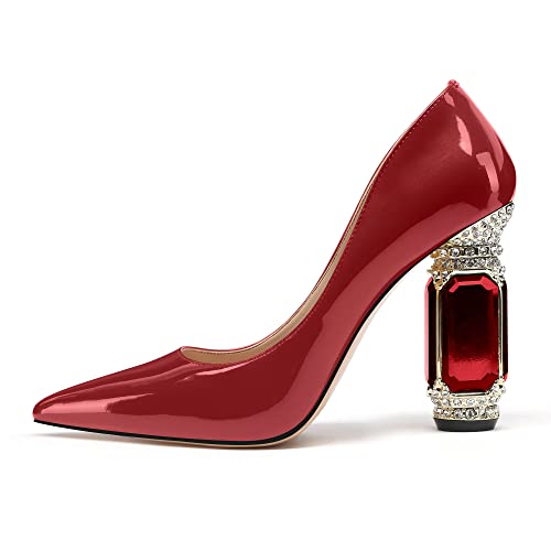 Image of JANSEVEN Women Chunky Heels Pumps Crystal Block Heels with Rhinestones Pointed Toe Sexy Gradient Patent Leather Slip on Bridal Party Wedding Dress Shoes 5-13 M US