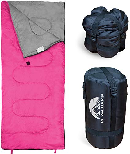 REVALCAMP Lightweight Pink Sleeping Bag Indoor & Outdoor use. Great for Kids, Youth & Adults. Ultralight and Compact Bags are Perfect for Hiking, Backpacking, Camping & Travel.