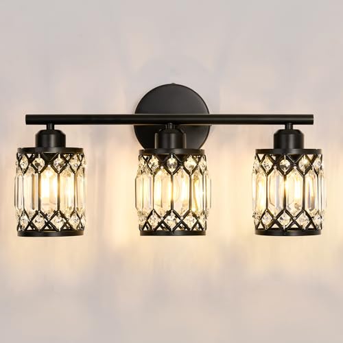 Image of CVKASH 3 Light Bathroom Vanity Light Fixture Over Mirror Black Vintage Vanity Lights with Glass Shade Farmhouse Wall Sceonce for Bedroom Dressing Room Living Room Hallway Cabinet