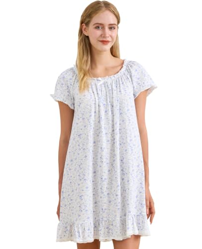 Image of Nanxson Women's Cotton Nightgown Short Sleeve Sleepwear Vintage Nightshirt | Summer Victorian Sleepdress,White Sleepshirt,U Neck Lace Loungewear,Soft Nightshirt,Loose Loungedress,Bride Nightwear