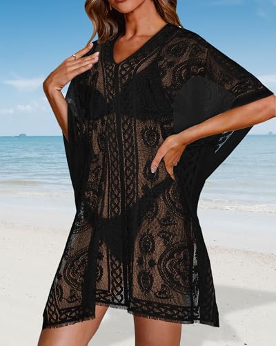 Womens Lace Bathing Suit Cover Up V Neck Beach Coverup Summer Swim Coverups Loose Bikini Beach Dress3