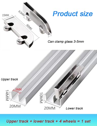 System szyn do drzwi przesuwnych, akcesoria do kół ze stopu aluminium do witryn wystawowych i szaf, pasuje do szkła o grubości 5 mm, konstrukcja z podwójną szyną, długość 100 cm
