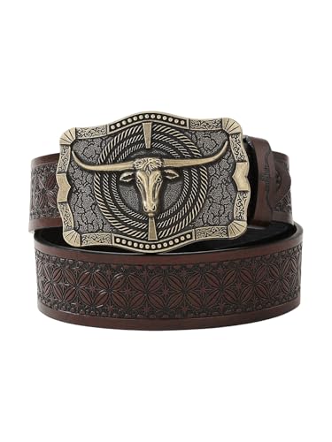 Men's Leather Buckle Belts Vintage Embossed Waist Western Belts for Jeans