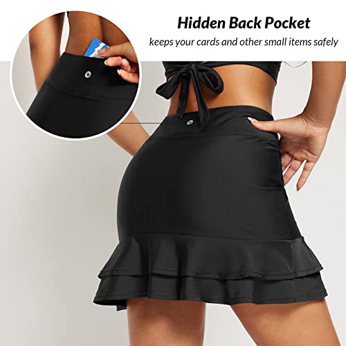 baleaf Women's High Waisted Adjustable Drawstring Ruffle Swim Skirt Bottoms Modest Tummy Control Swim Skort with Pocket Liner4