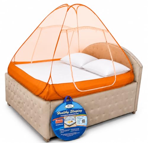 Image of Healthy Sleeping Mosquito Net | Double Bed | Supreme King Size Bed | Foldable Machardani with 2 Side Zipper Opening | Strong 30GSM Polyester Net | PVC Coated Steel Wire (Orange)