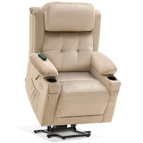 MCombo Large Triple Motor Power Lift Recliner Chair with Massage and Heat for Elderly People, Adjustable Headrest, Infinite Position, USB Ports, Fabric 7662 (Beige, Large)
